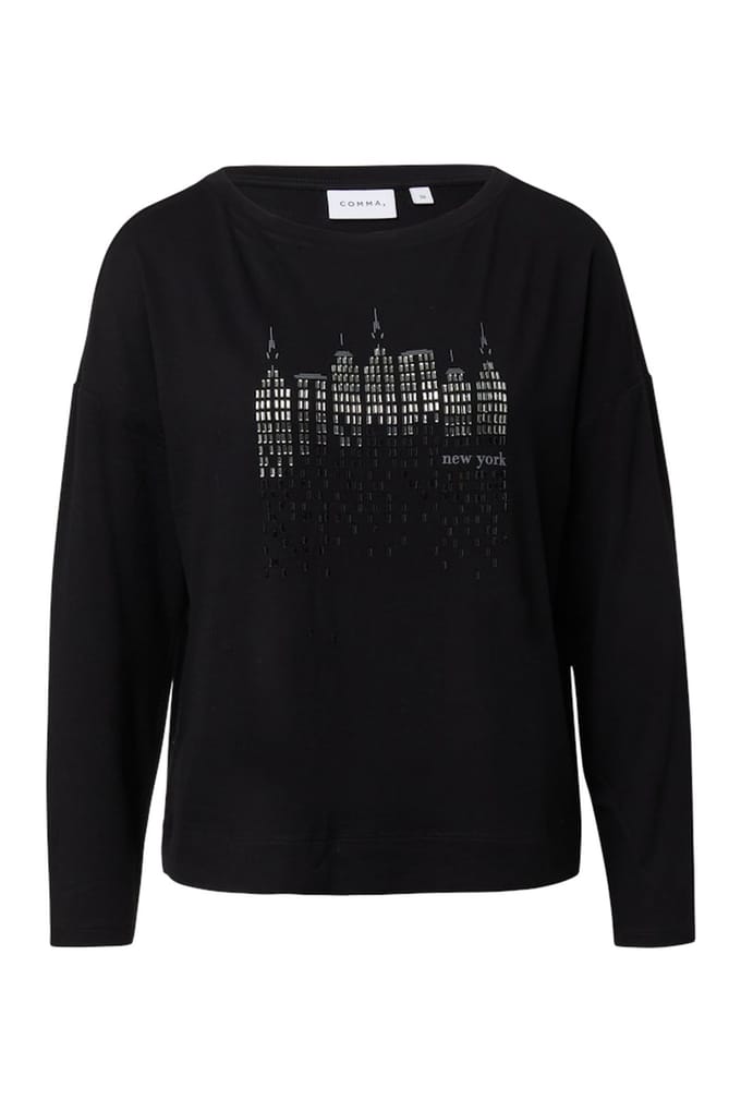 comma - female - Shirt met lange mouwen, print op de voorkant en strasdetails