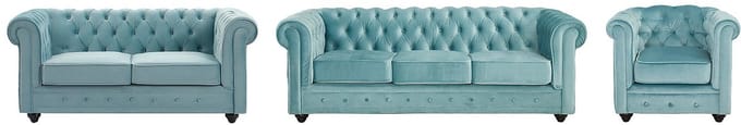 Vente-unique Drie- en tweezitsbank en fauteuil van pastelblauw velours CHESTERFIELD