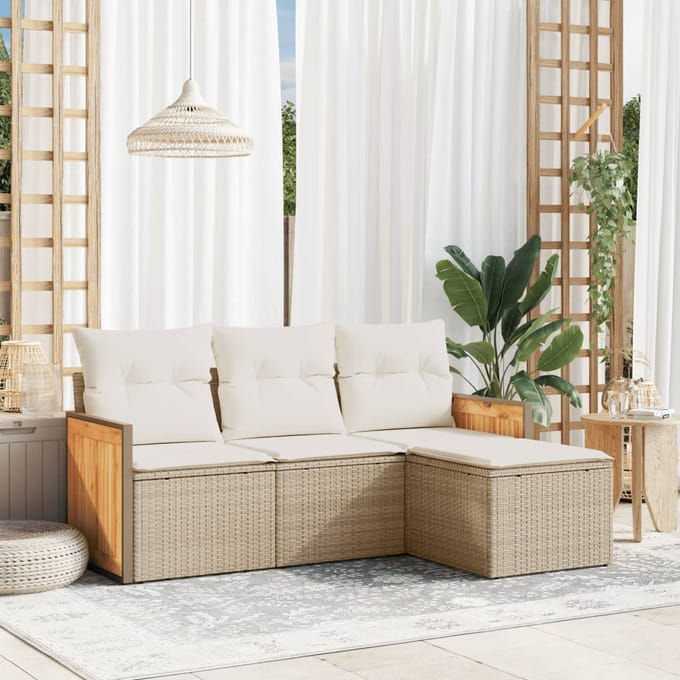 vidaXL - 4-delige - Loungeset - met - kussens - poly - rattan - beige