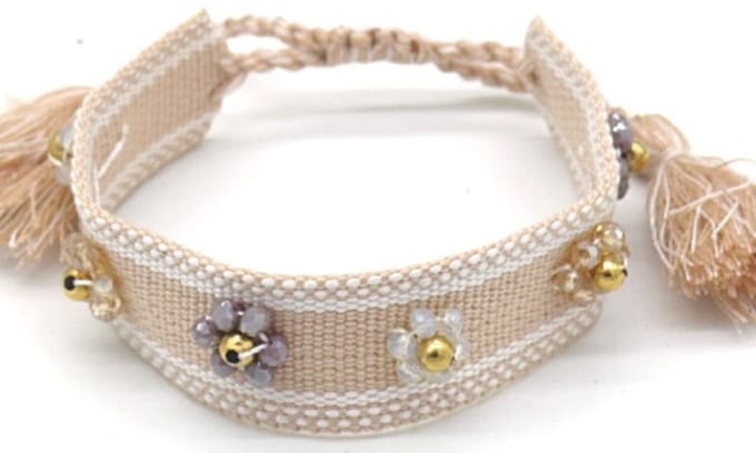 Stoffen Armband Dames - RVS Kralen - Lengte Verstelbaar - Bruin