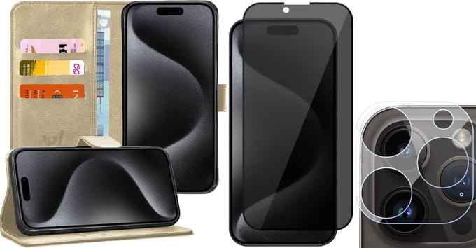 Hoesje geschikt voor iPhone 15 Pro Max - Privacy Screenprotector FullGuard & Camera Lens Screen Protector - Book Case Kunstleer Pasjeshouder Goud