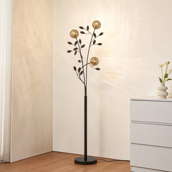 Lucande - vloerlamp - 3lichts - IJzer - H: 160 cm - G9 - zwart, goud