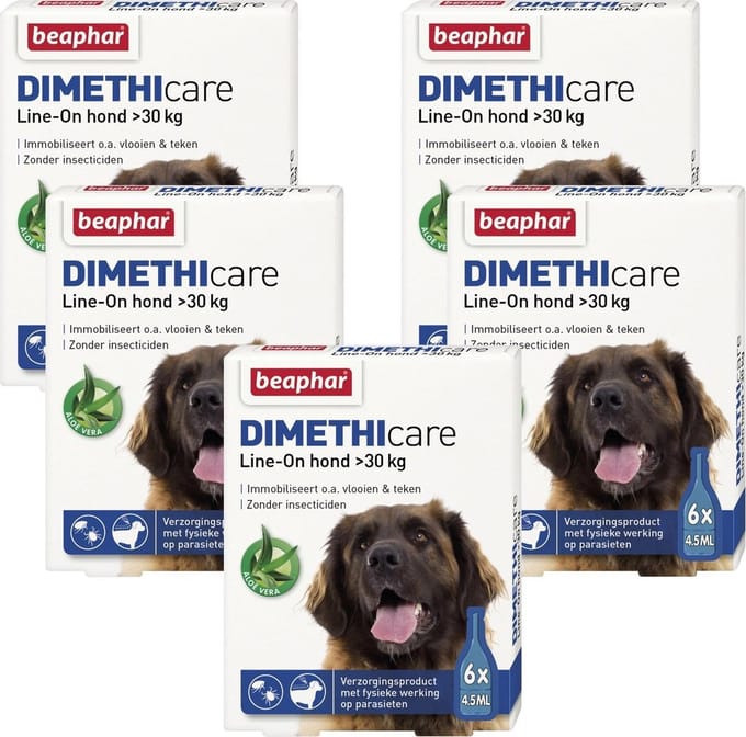 Beaphar Dimethicare Line-On Hond - Anti vlooien en tekenmiddel - 5 x 6x4.5 ml Van 30kg