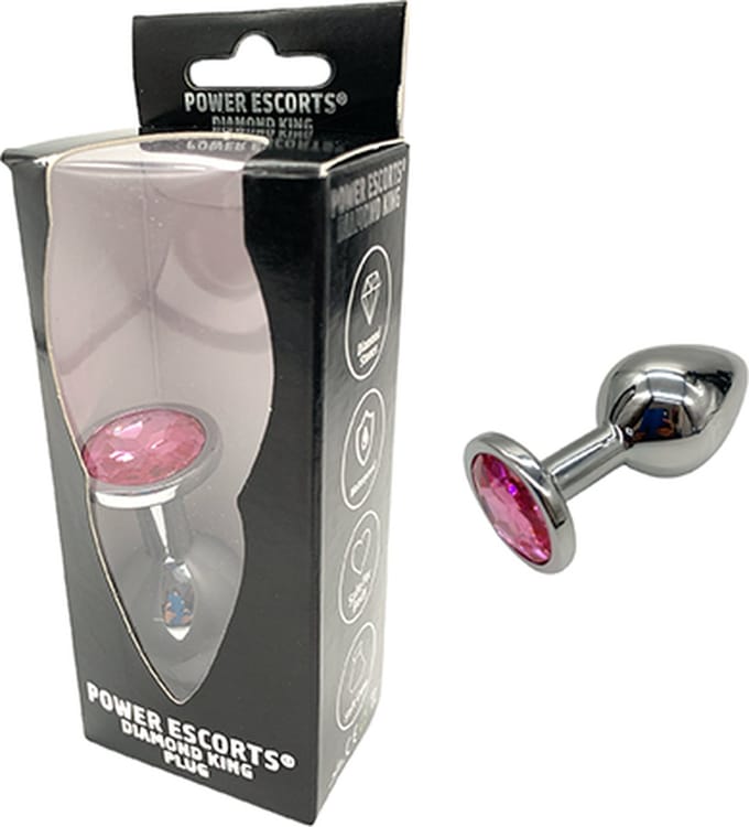 Power escorts - Diamond King Plug - Medium - 8 x 3,5 cm - aluminium met roze steen - BR137M