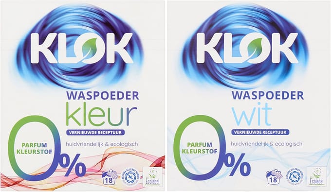 Waspoeder Klok kleur + wit 0% parfum kleurstof  2x 18 wasbeurten