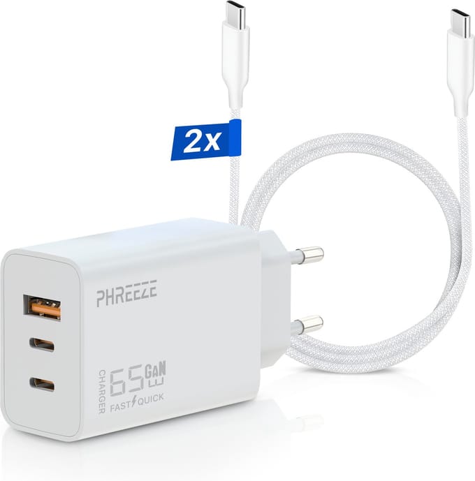 65w usb C Adapter met 3 Poorten + 2 Meter usb-C Kabels - Snellader voor Laptop, Smartphone en Tablet - Universele usb-C Oplader