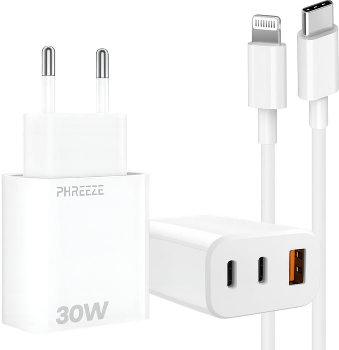 3 poorts snellader met usb C naar Lightning kabel - Made for iPhone