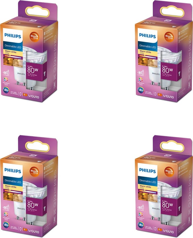 Philips Voordeelverpakking - GU10 - WarmGlow LED Spotlamp - 80W - Dimbaar - Warmwit Licht - Set van 4 Stuks