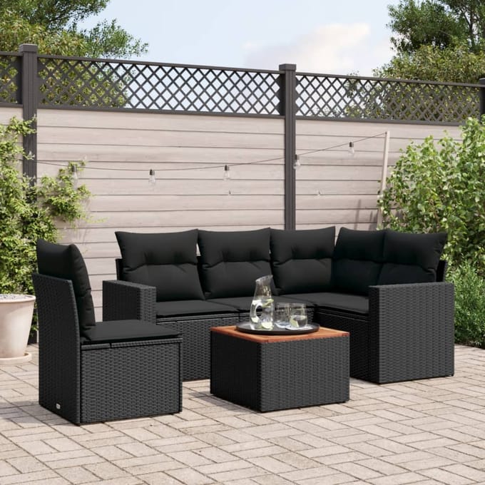 vidaXL - 6-delige - Loungeset - met - kussens - poly - rattan - zwart