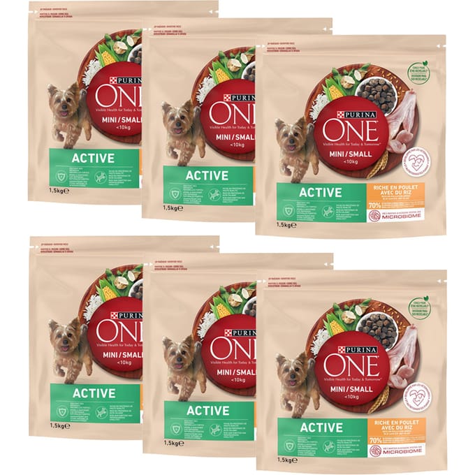 9kg (6x1,5kg) Mini Active Kip & Rijst Purina ONE Hondenvoer
