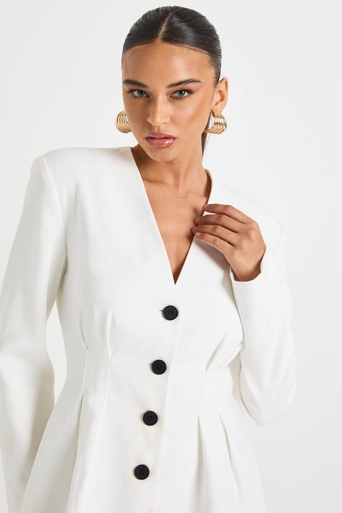 boohoo Dames Lange mouwen kraagloze getailleerde mini-jurk | Wit | Maat: 38