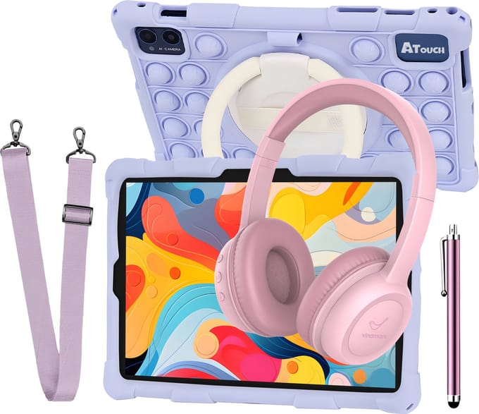 ATouch Combipakket - Kindertablet Tab 10 Pro + Kinderkoptelefoon - Volumebegrenzing - 128GB+64SD - Vanaf 3 jaar - Paars