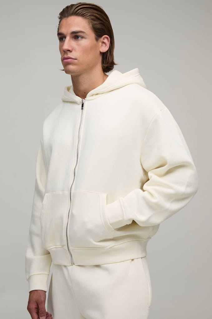 Boxy Zip Through Hoodie | Ecru | Size Small