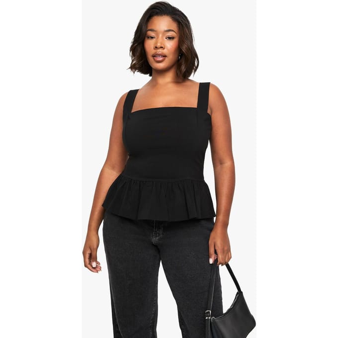 boohoo Dames Plus bengalinetop met peplum top | Zwart | Maat: 56