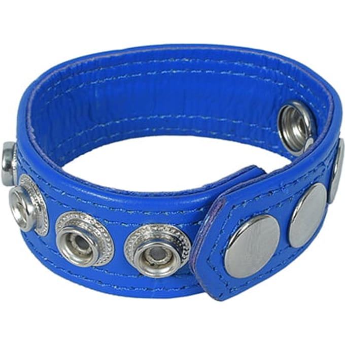 Blauw Lederen cockring met drukkers