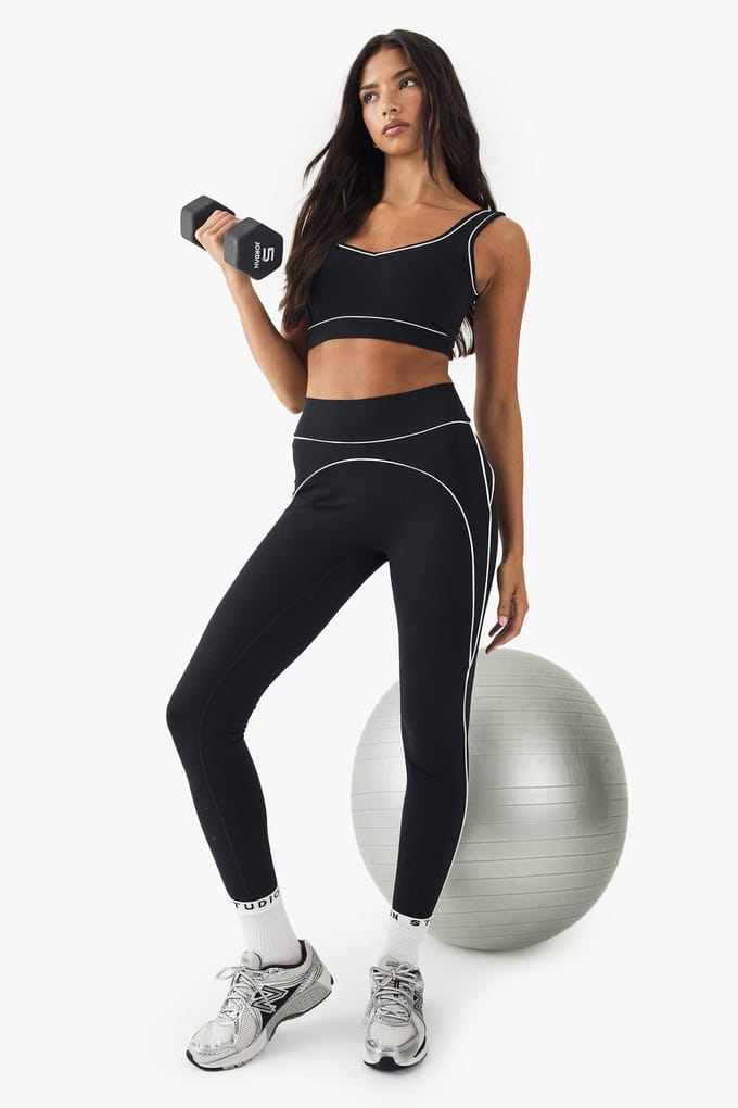 Dames Dsgn Studio Ultra Sculpt Sportlegging Met Contrasterende Biesjes | Zwart | Maat: Small