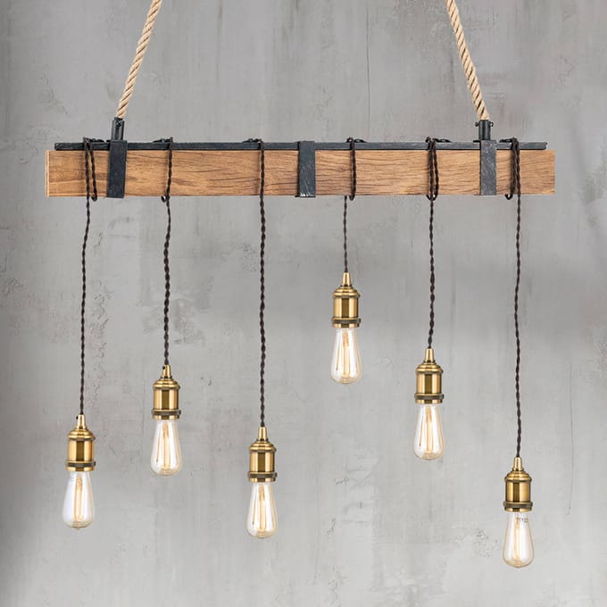 ORION Hanglamp Cellar, houten balk, henneptouw, 6-lamps