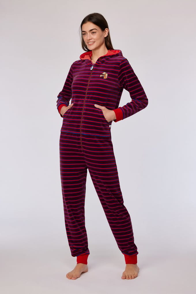Woody onesie velours unisex - rood gestreept - pony - 252-10-ONE-V/919 - maat S