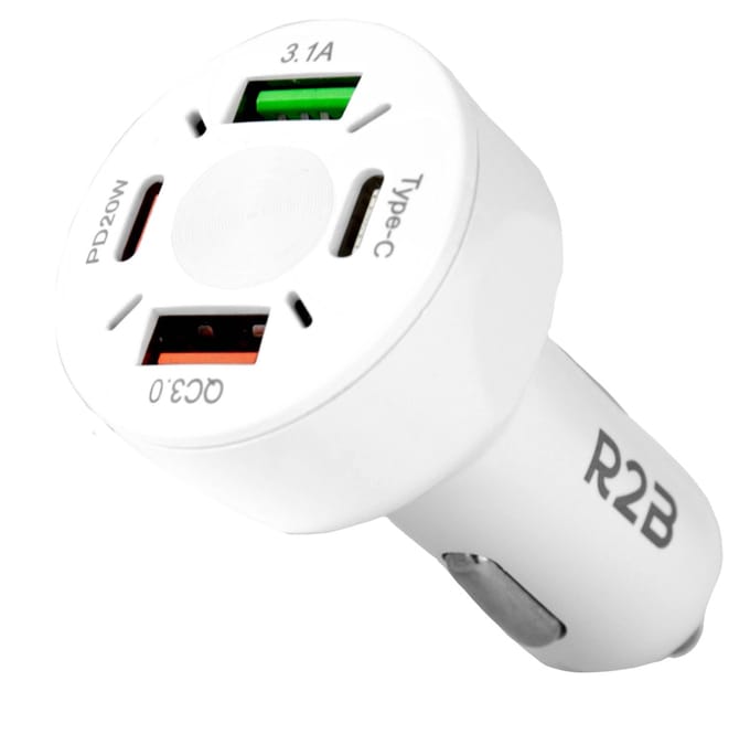 R2B Autolader USB C & USB A - 4 poorten - Veilig en Compact - Auto Snellader - Auto Oplader Sigarettenaansteker USB C - USB lader - Auto Adapter - Wit