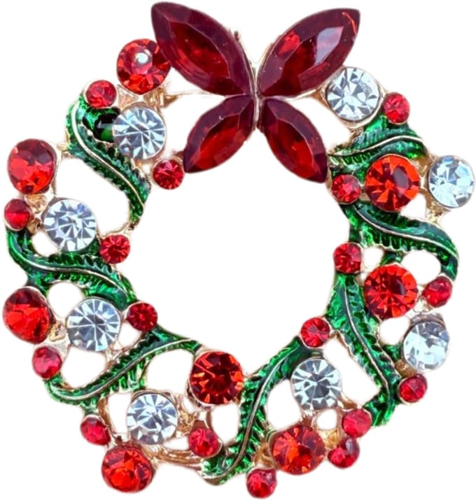 Kerstbroche Kerstkrans met Strass Kristallen in rood en wit - Broche 4CM