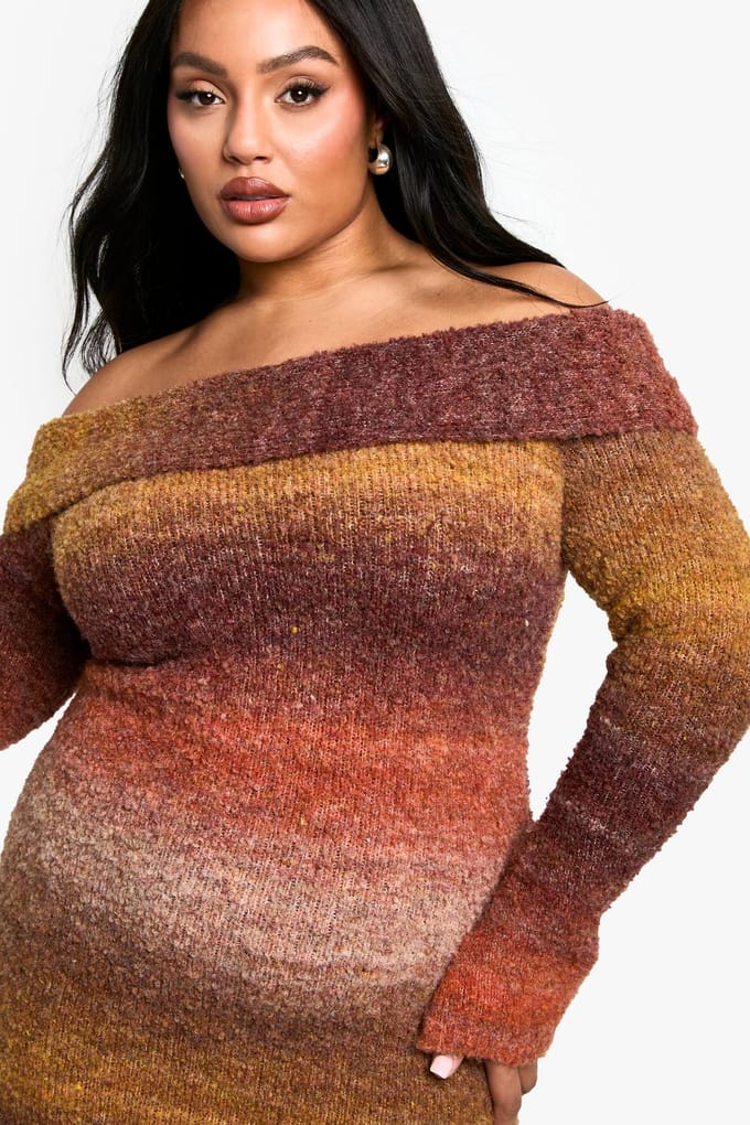 boohoo Dames Plus Ombre Fluffy Knit Bardot Minjurk | Rust | Maat: 22