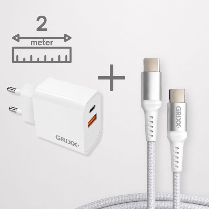 Grixx oplader bundel - USB C oplader 20W snellader - USB-C naar USB-C kabel 2 meter - voor Samsung en Android