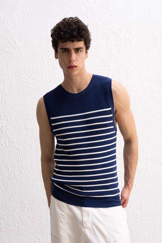 Slim Fit Gestreepte Crew Neck Mouwloos T-shirt