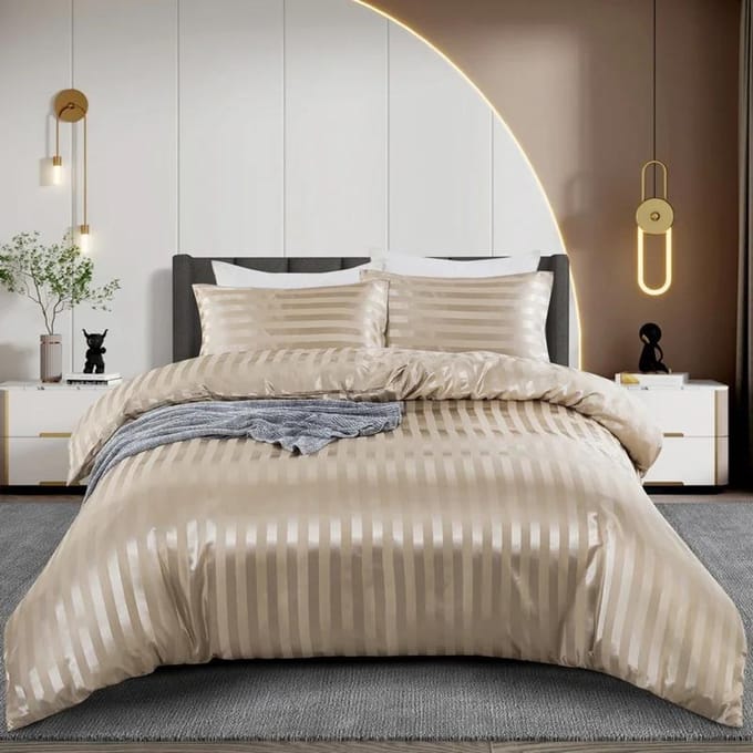 Parure de lit 3 pièces en satin à rayures, luxueuse et soyeuse, avec housse de couette et taies d'oreiller. King-230x220cm