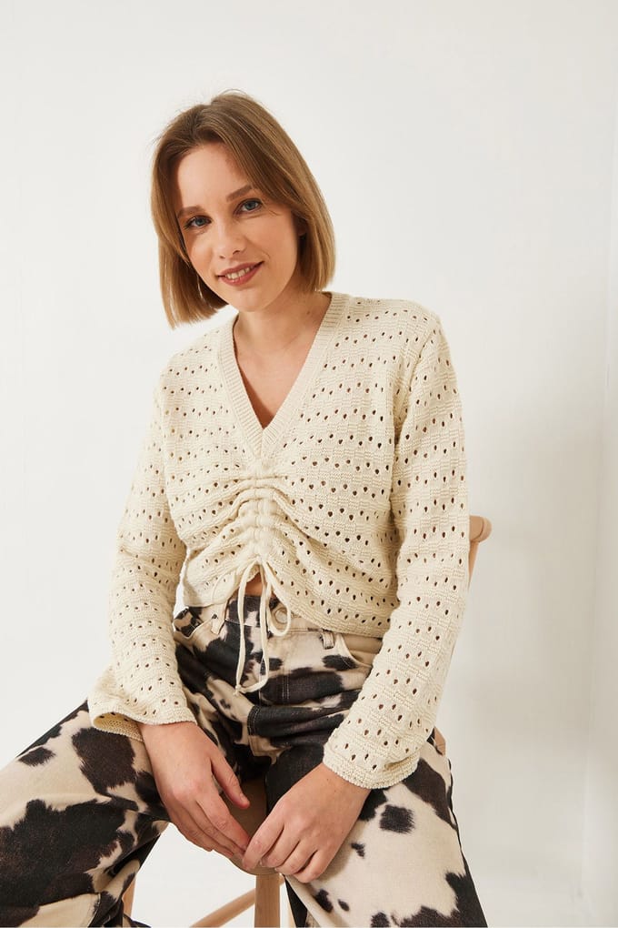 Gelaagde Kanten V-hals Cropped Top met Rimpel Detail