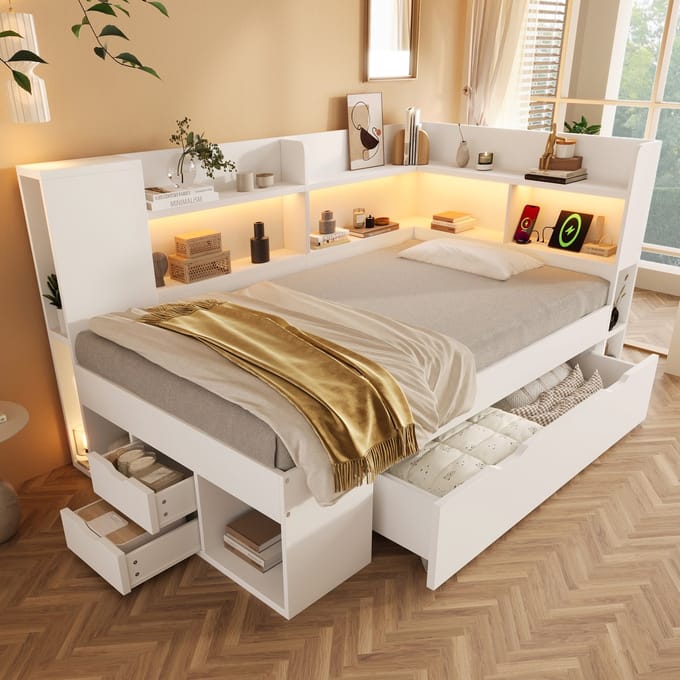 Daybed - 90x200 - Multifunctioneel bed met LED, USB en Type-C, lades en planken - hout - wit - zonder matras