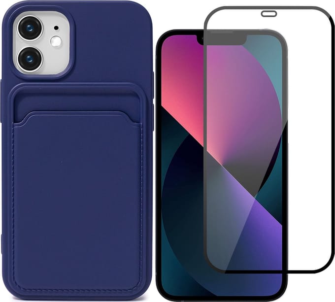 Hoesje geschikt voor iPhone 12 / 12 Pro Pasjeshouder Blauw - Siliconen Case Back Cover + Full Screen Protector Glas Screenprotector