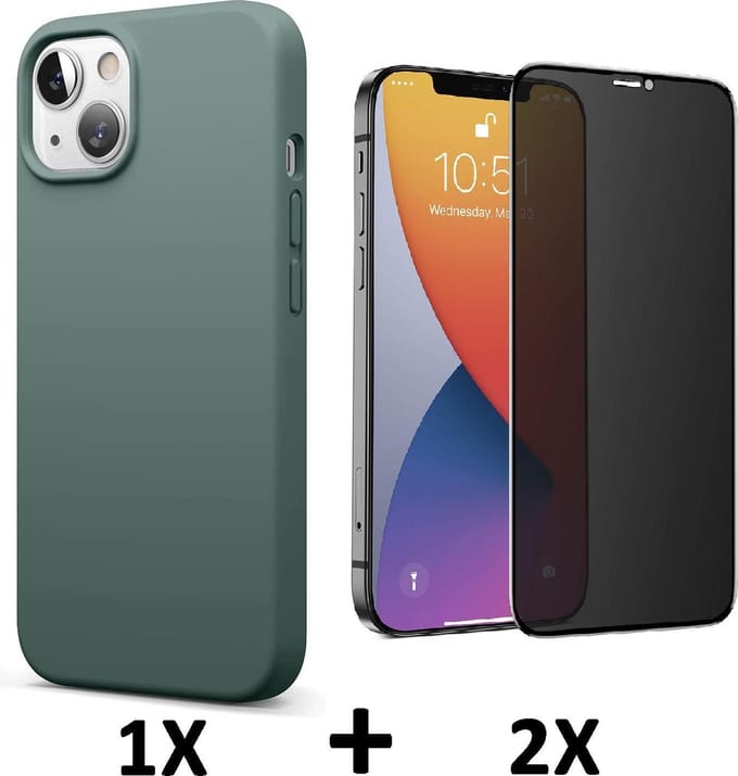 HB Hoesje Geschikt voor Apple iPhone 13 - Groen / 2X Privacy Glazen Screenprotector - Siliconen Back Cover