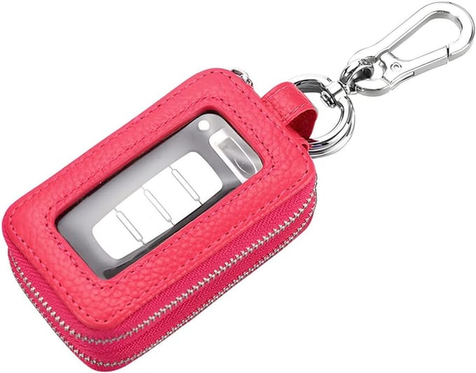 Leren auto sleutelhanger tas - Ritssluiting met koord (unisex) - Rozerood