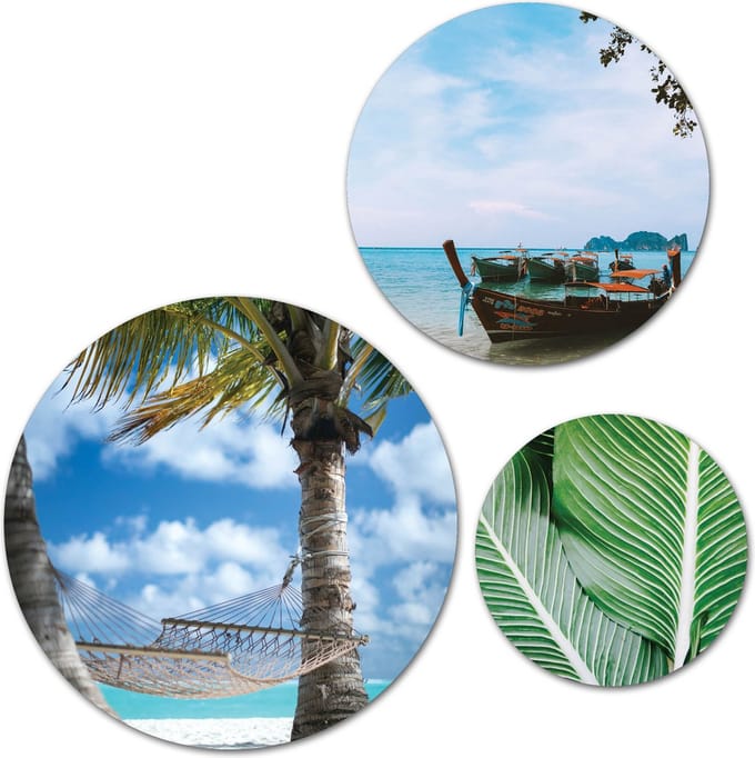 Forex Muurcirkel Set -  Set Hangmat op het Strand - Set van 3 Wandcirkels met Ophangsystemen - 30x40x50