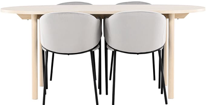 Andy eethoek tafel 90x180cm en 4 velours stoelen met armleuningen whitewash.
