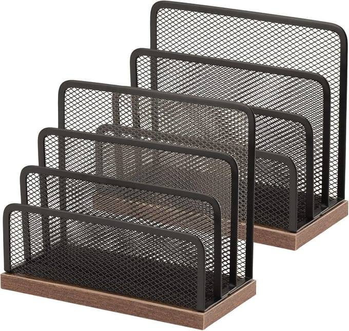 Bureau-organizer met metalen gaas en houten basis - Post- en documenthouder met 3 vakken