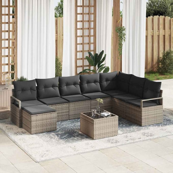 vidaXL Bankstel met kussen met opslag 9 pcs Lichtgrijs poly rattan