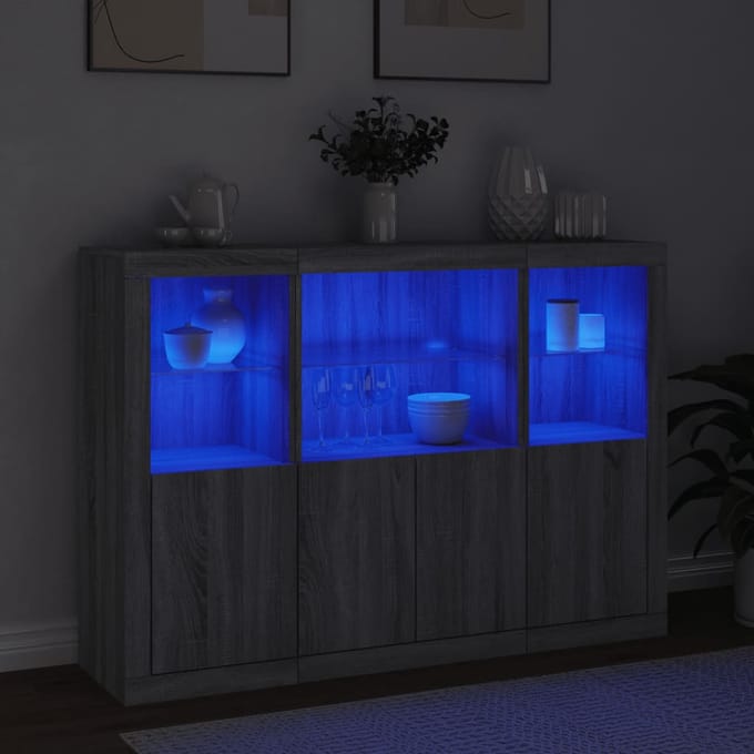 vidaXL - Dressoirs - met - LED-verlichting - 3 - st - bewerkt - hout - grijs - sonoma