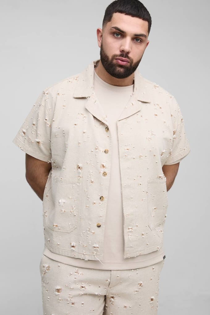 Plus Nibbled Denim Boxy Oversized Revere Shirt | Stone | Size 2XL