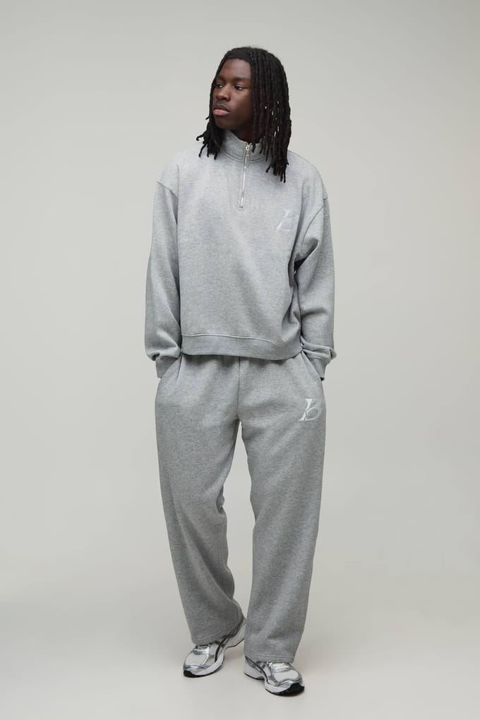 Oversized Boxy Geborduurd B 1/4 Rits Sweatshirt & Rechte Pijp Trainingspak | Grey Marl | Size Small