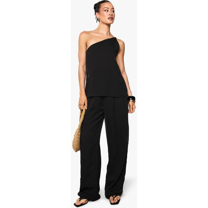 boohoo Dames Lange Chiffon getextureerde gedrapeerde jumpsuit met wijde pijpen | Zwart | Maat: 36