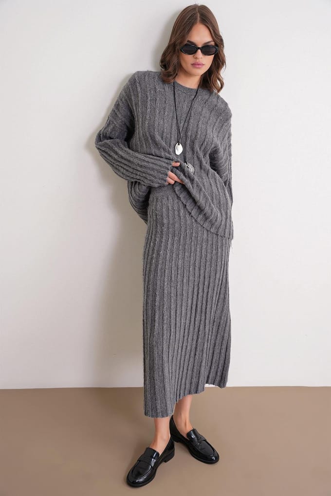 Gestructureerde Oversized Trui & Rok Brei Co-ord Set