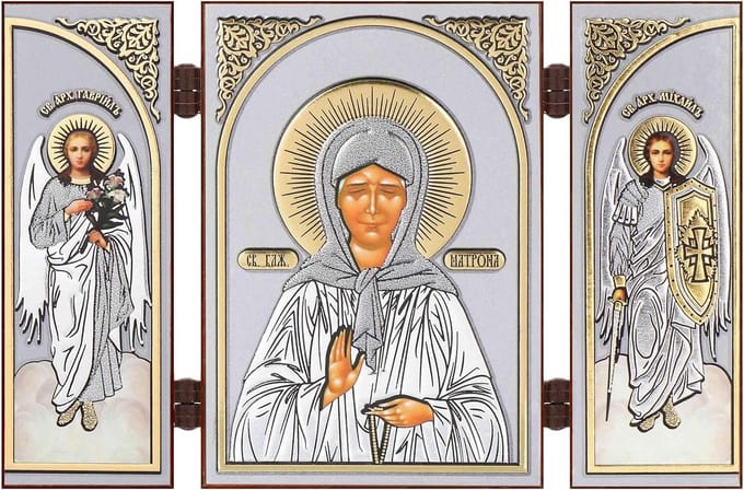 Houten Reisaltaar Iconen Triptych Heilige Matrona - Christelijke Iconografie