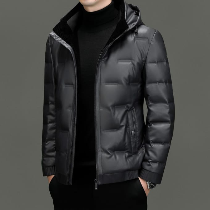 Winter Echtleren Jas, Grote Maat Heren Donsjack met Capuchon, Schapenvachtleren Donsjack, Papa Casual Leren Jas 6XL