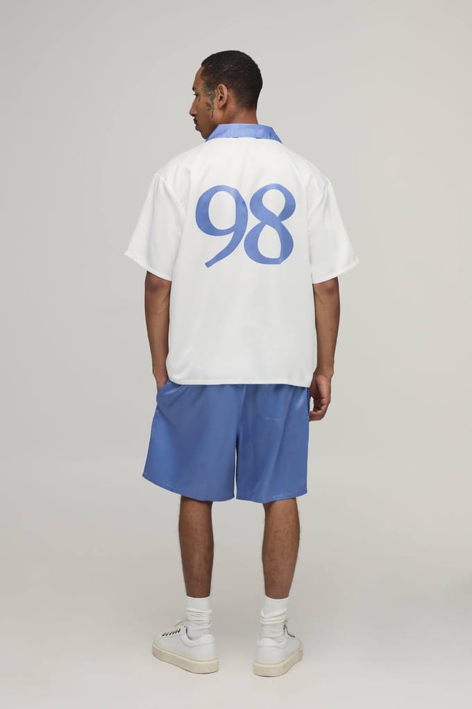 Oversized Shirt Met Korte Mouw En Short Set Met Sportprint In Satijn | Slate Blue | Size Medium