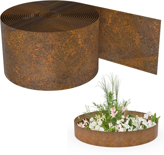 Froadp 5 meter gazonrandafscheiding, 15 cm hoog, bloembedafscheiding, verroest effect, flexibele bloembedafscheiding, verroest metaal, gazonrandafscheiding, metaal, geschikt voor bloembedden en paden, eenvoudige montage – recht model