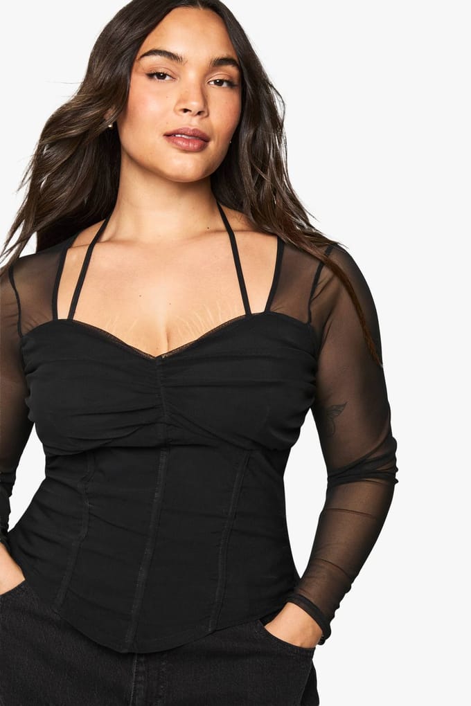 boohoo Dames Plus Bengaline Corset Top met Mesh Mouwen | Zwart | Maat: 48