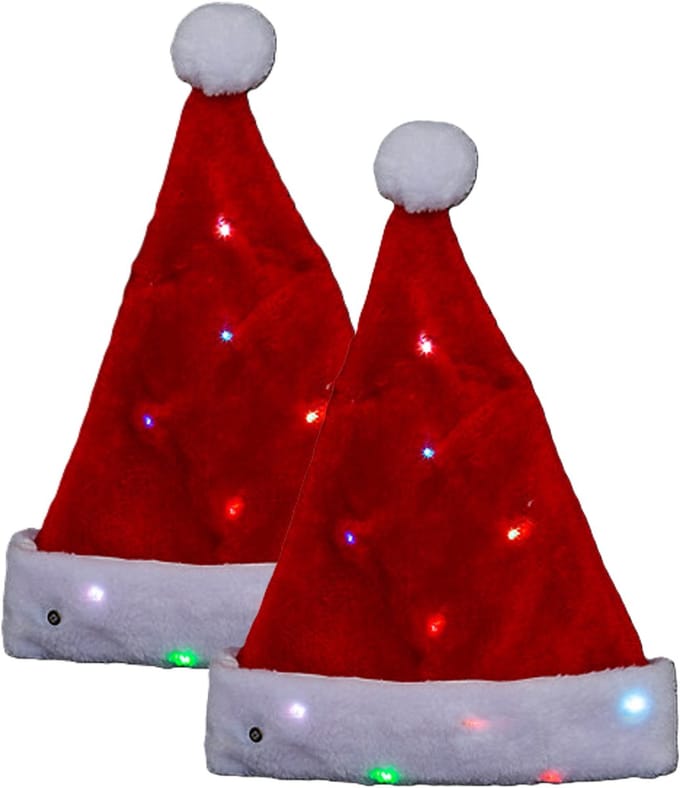Feeric Kerstmuts - 2x - rood - met gekleurd LED verlichting - L30 x H30 cm - volwassenen - verlichte kerstmuts