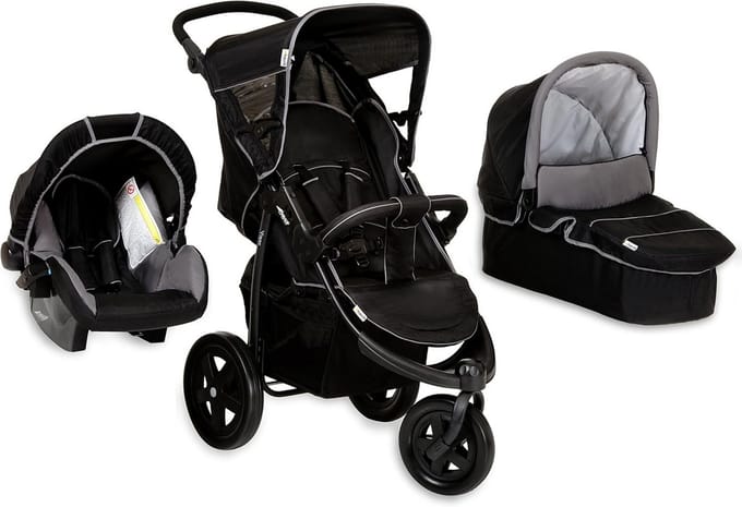 3-in-1 Kinderwagen Set - Reiswieg, Zitje en Autostoel - Caviar/Grijs