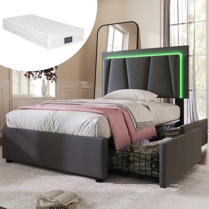 REDOM Bedframe 90x200 cm – Linnen grijs – Met LED, 2 lades & verstelbaar hoofdeinde (±10 cm) – Modern
